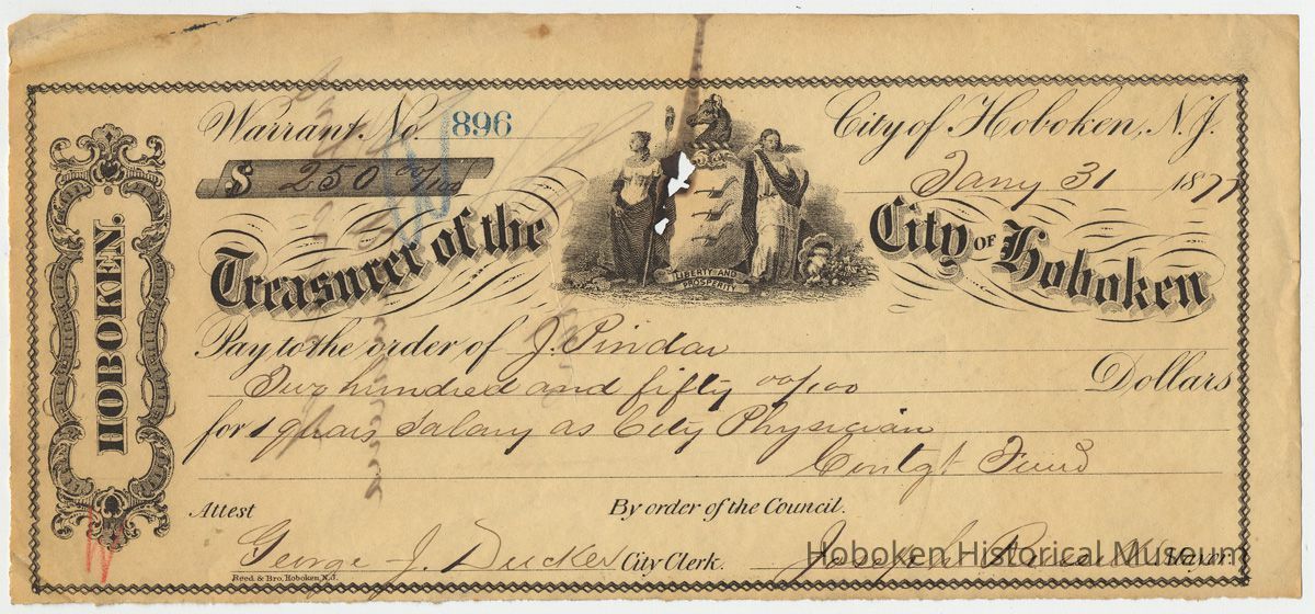 Warrant to J. Pindar from City of Hoboken for 1 year's salary as City Physician, Jan. 31, 1877. picture number 1