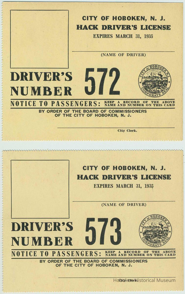 Two unissued City of Hoboken Hack Driver's License, expires March 31, 1935, Hoboken, ca. 1934. picture number 1