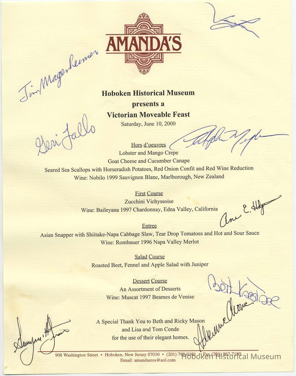 Menu from A Moveable Victorian Feast, Saturday, June 20, 2000 presented by the Hoboken Historical Museum. picture number 1