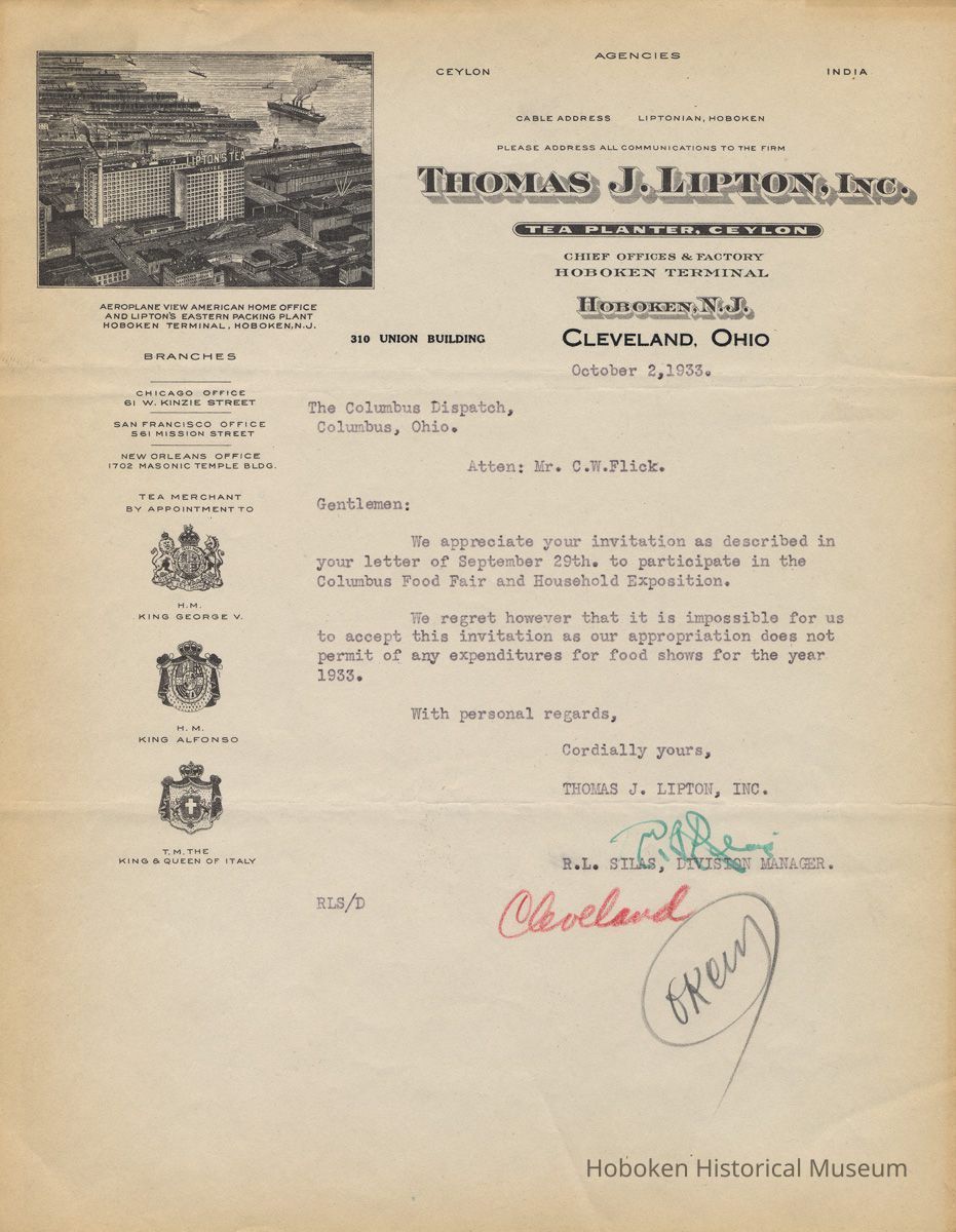 TLS: R.L. Silas, Thomas J. Lipton, Inc., Cleveland, OH to The Columbus Dispatch, Oct. 2, 1933. picture number 1