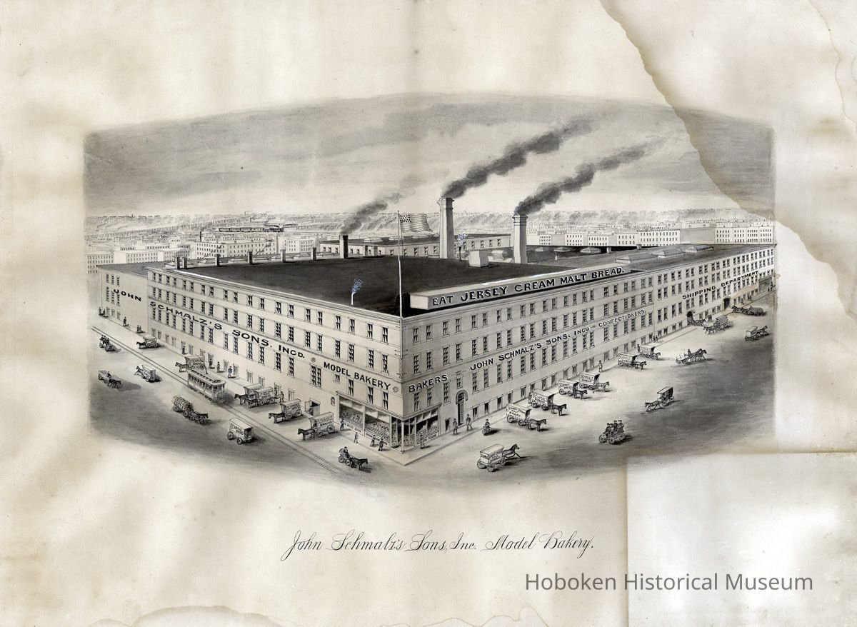 Drawing of a bird's-eye view of the proposed John Schmalz' Sons, Inc., Model Bakery, Hoboken, no date, ca. 1898-99. picture number 1