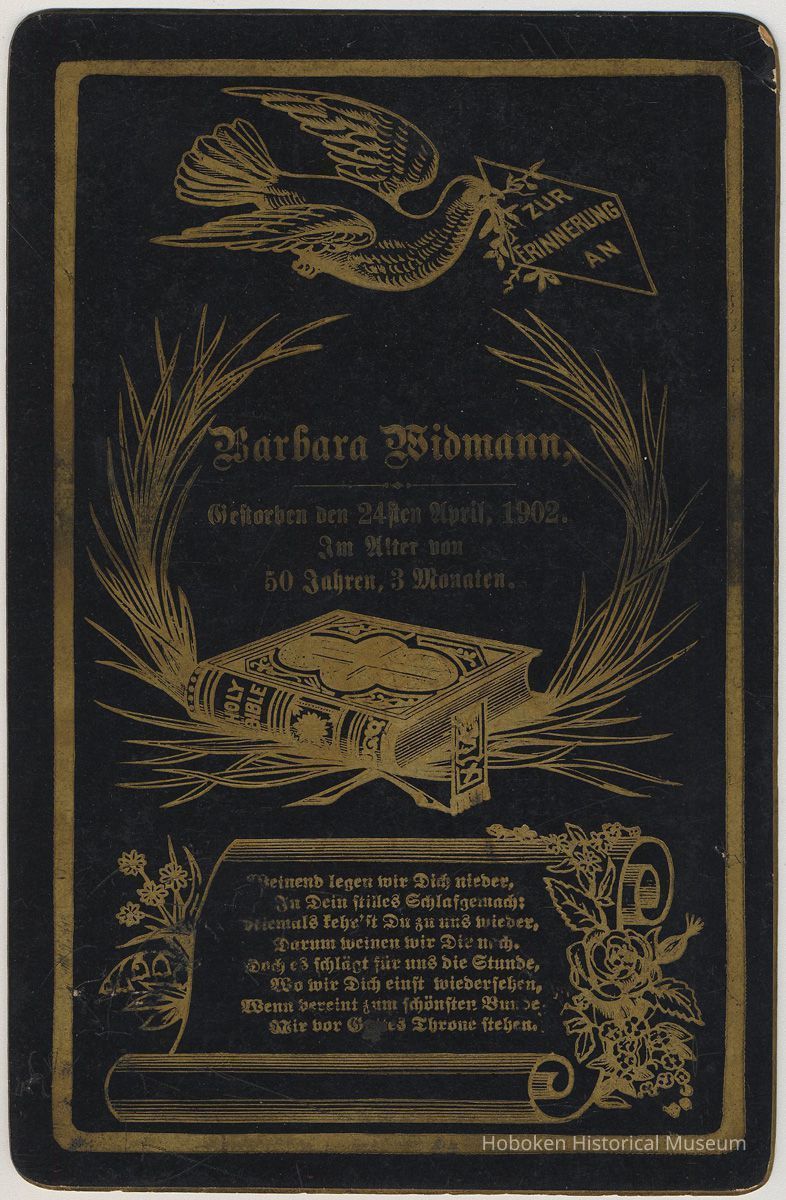 Mourning card for Barbara Widmann, April 24, 1902. No place, possibly Hoboken. picture number 1