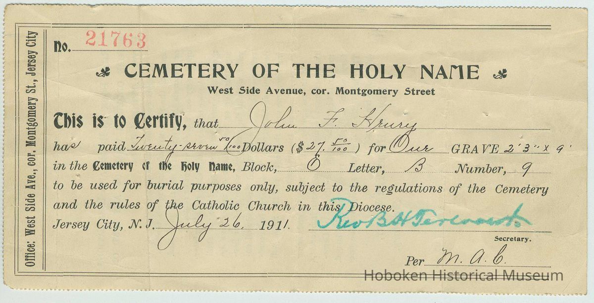 Receipt from Cemetery of the Holy Name to John F. Hrury for payment on a grave, July 26, 1911 picture number 1