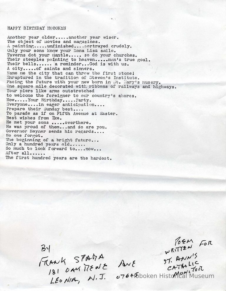 Document, poem: Happy Birthday Hoboken. By Frank Spada, Leonia, NJ, [2005]. picture number 1