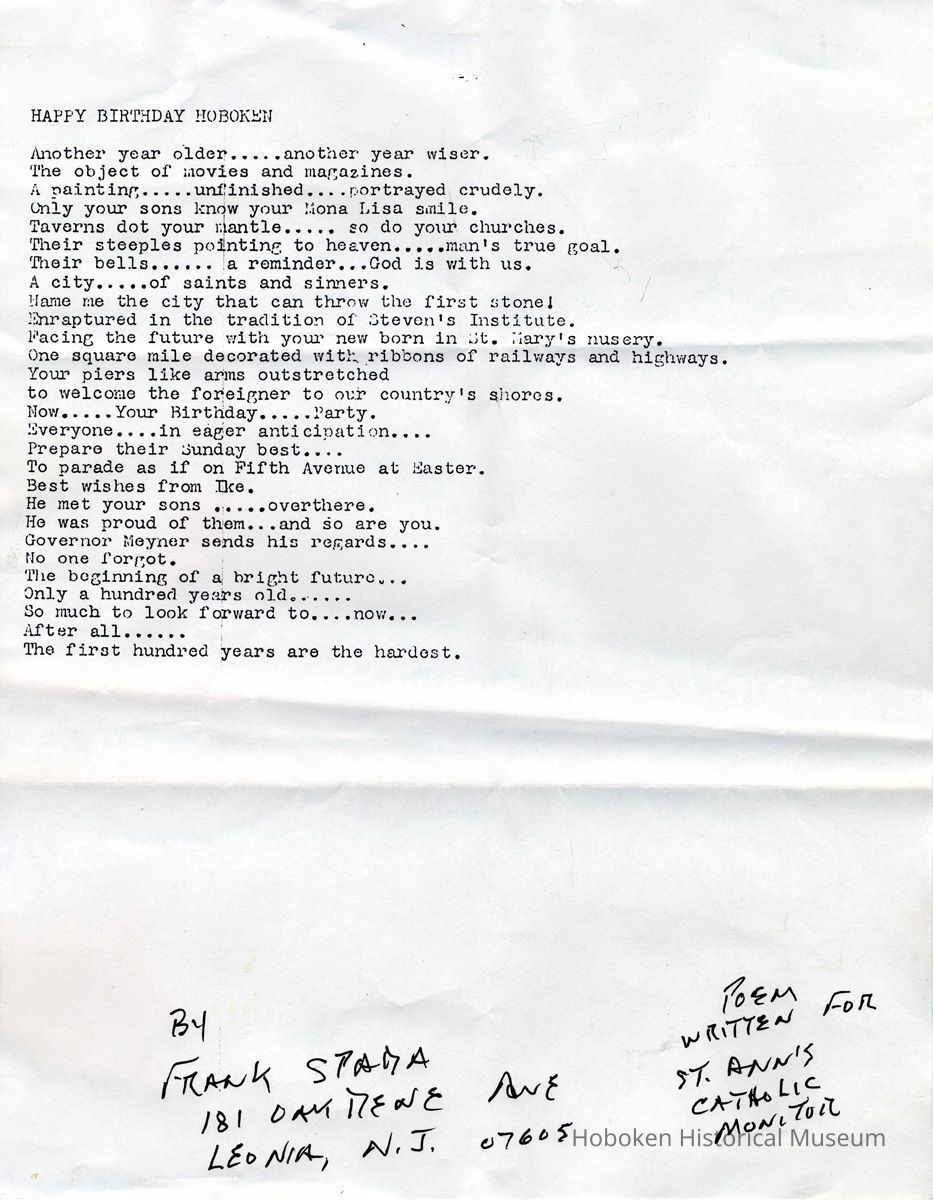 Document, poem: Happy Birthday Hoboken. By Frank Spada, Leonia, NJ, [2005]. picture number 1