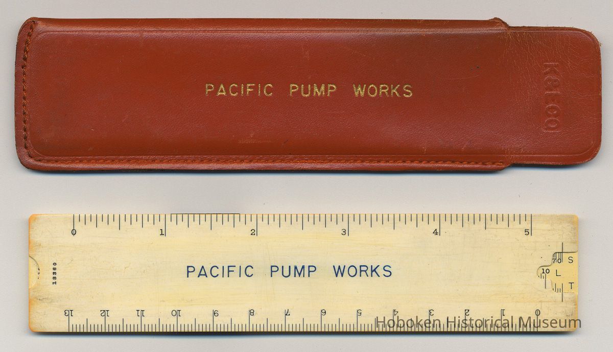 imprinted smooth leather case; back of rule engraved: Pacific Pump Works