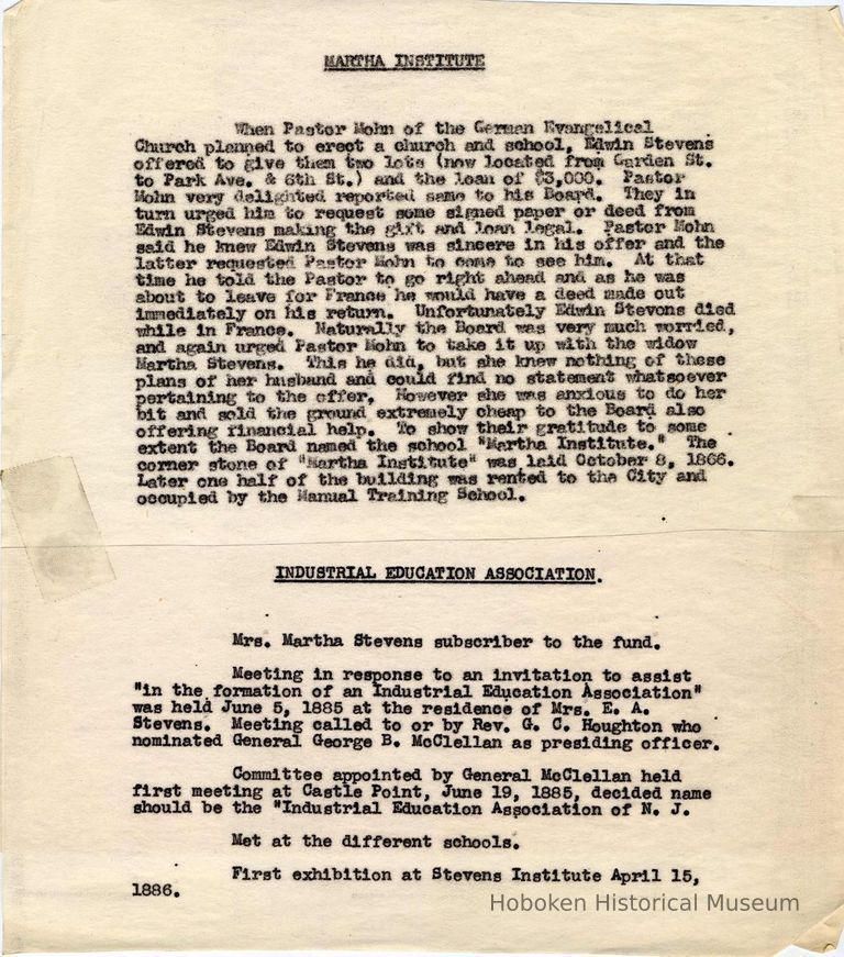 Digital image of typed carbon text regarding history of the Martha Institute & Industrial Education Assn. No source or date, probably ca. 1920-1940. picture number 1