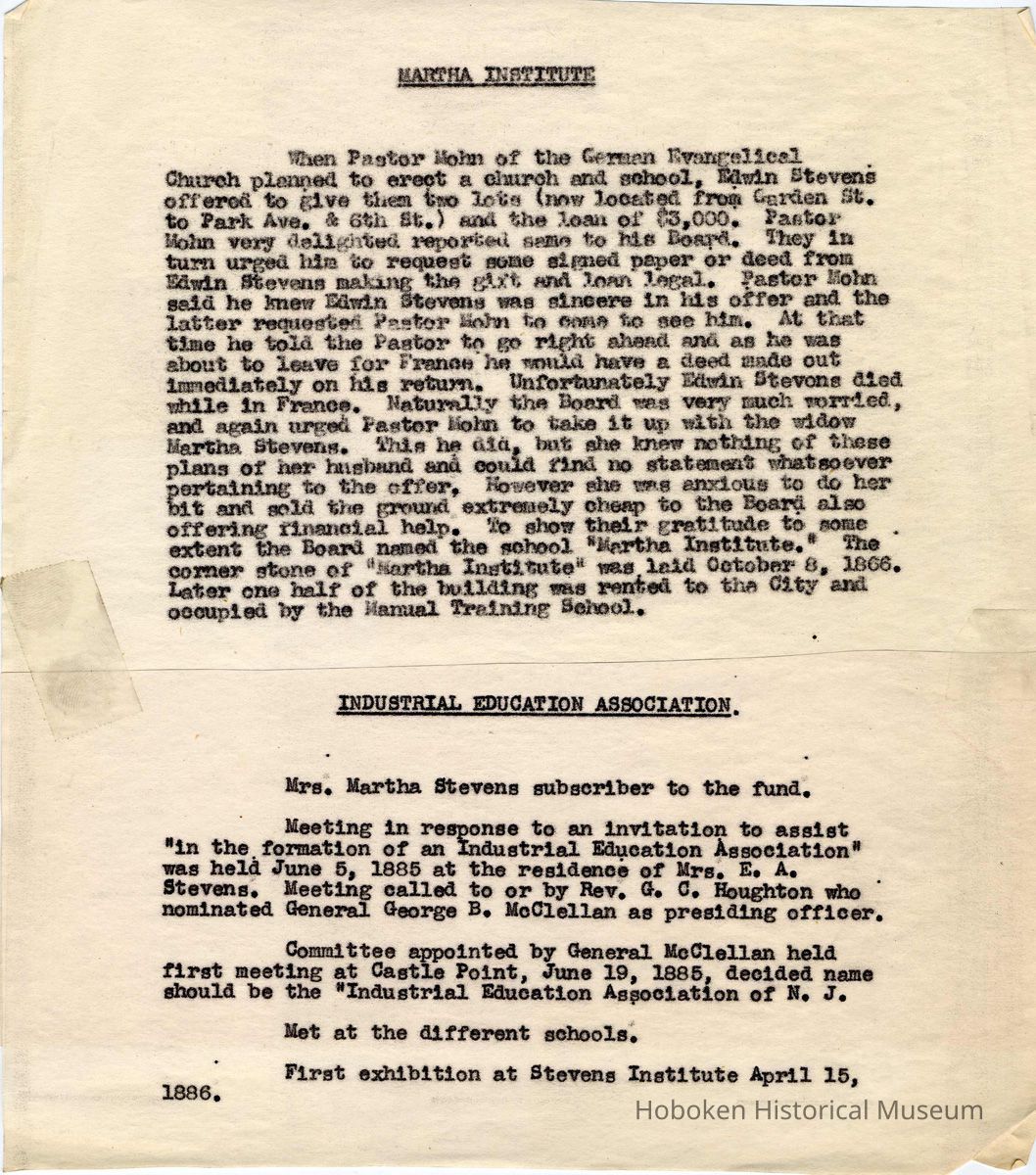 Digital image of typed carbon text regarding history of the Martha Institute & Industrial Education Assn. No source or date, probably ca. 1920-1940. picture number 1