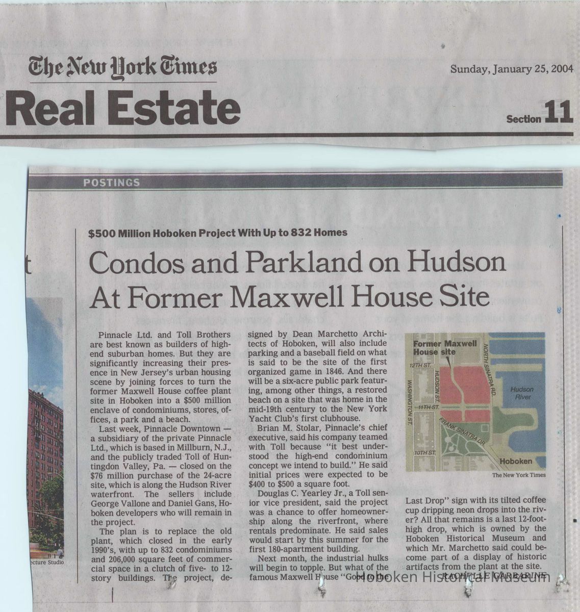 Newsclipping: Condos and Parkland on Hudson at Former Maxwell House Site. In The New York Times, Real Estate Section, p. 1, Jan. 25, 2004. picture number 1