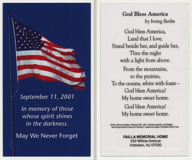 Commemorative or mourning card: September 11, 2011. Issued by Failla Memorial Home, Hoboken, Sept. 2011. picture number 1