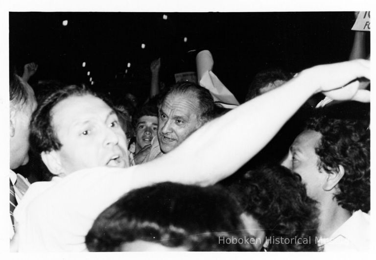 B+W photo of Tom Vezzetti with supporters on election night, Hoboken, [June 11, 1985]. picture number 1