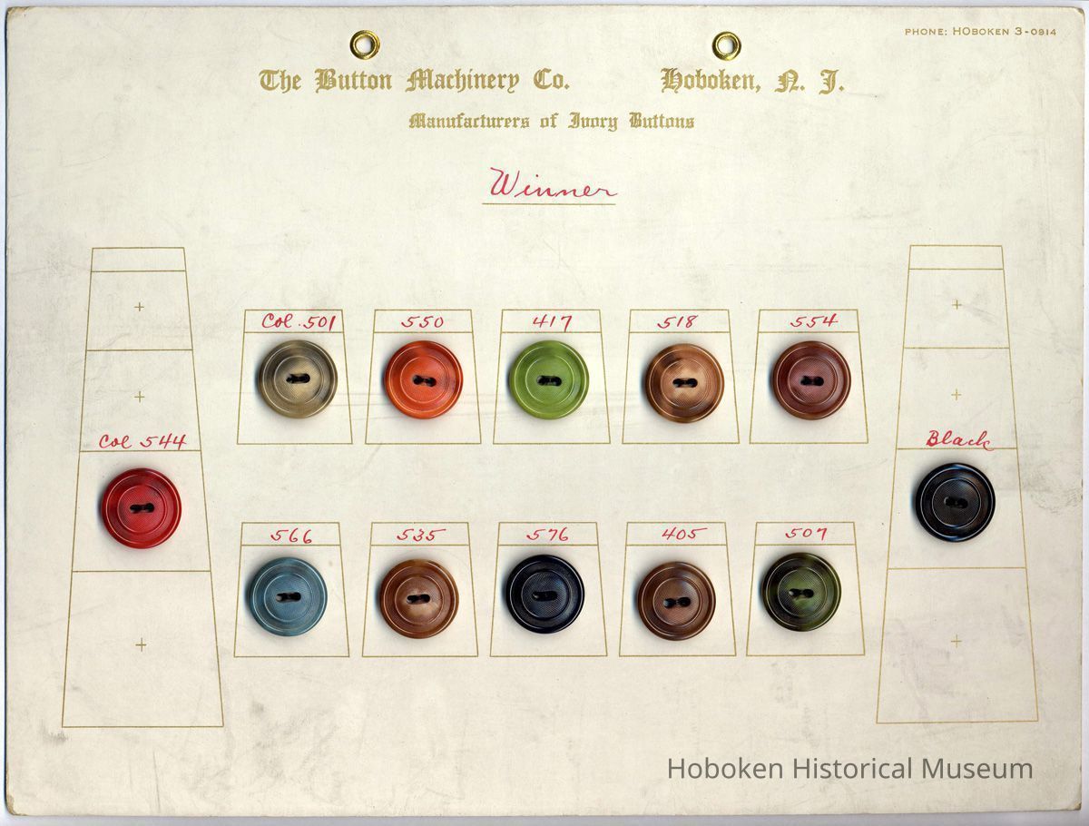 Sample card of ivory buttons from the Button Machinery Company, Hoboken factory at Grand & Eleventh Sts., no date, ca. 1930-1940. picture number 1