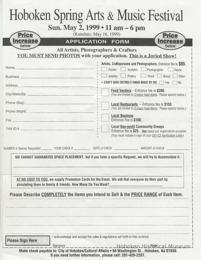 Application form for Hoboken Spring Arts & Music Festival, 1999. picture number 1