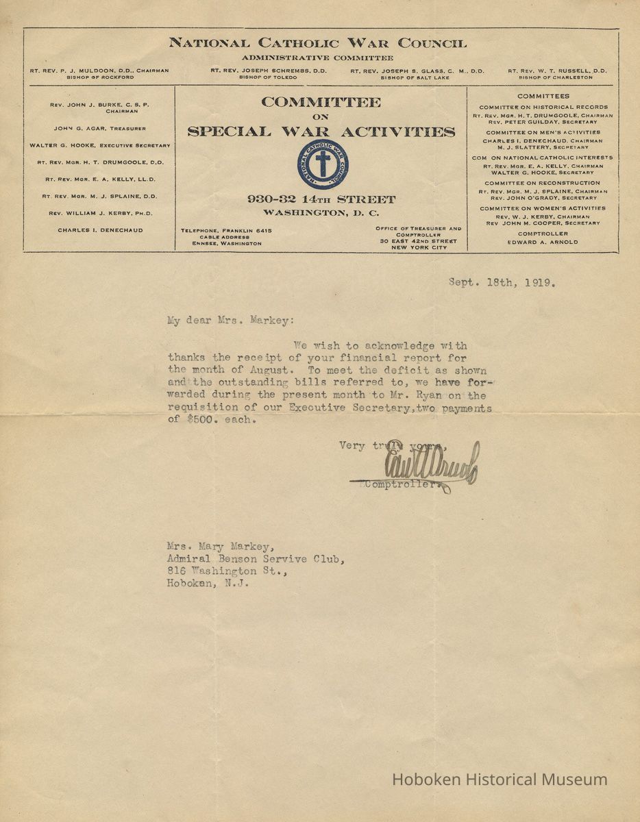 TLS from Edward Arnold, National Catholic War Council to Mrs. Mary H. Markey, Admiral Benson Club, Hoboken, Sept. 18, 1919 re receipt of financial report and two payments. picture number 1