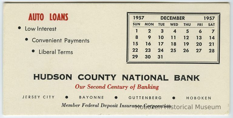 Hudson County National Bank calendar blotter