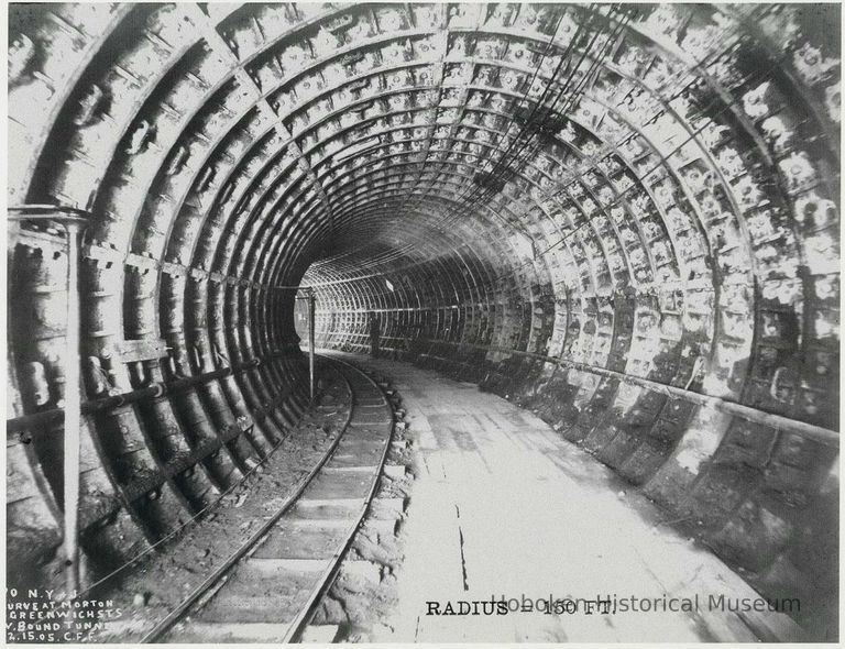 B+W copy photo of a photo at Morton & Greenwich Sts. curve of inbound tunnel of the Hudson & Manhattan Rail Road, New York, no date (1905?). picture number 1