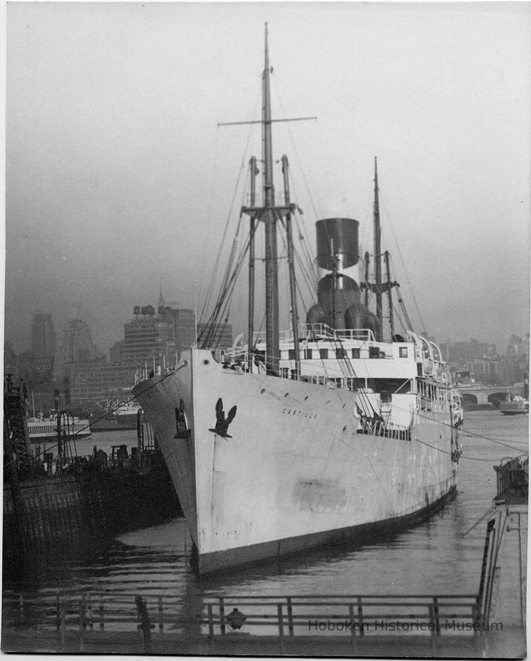 B+W photo of bow view of SS Castilla in wet dry dock, Hoboken, no date, ca. 1940. picture number 1