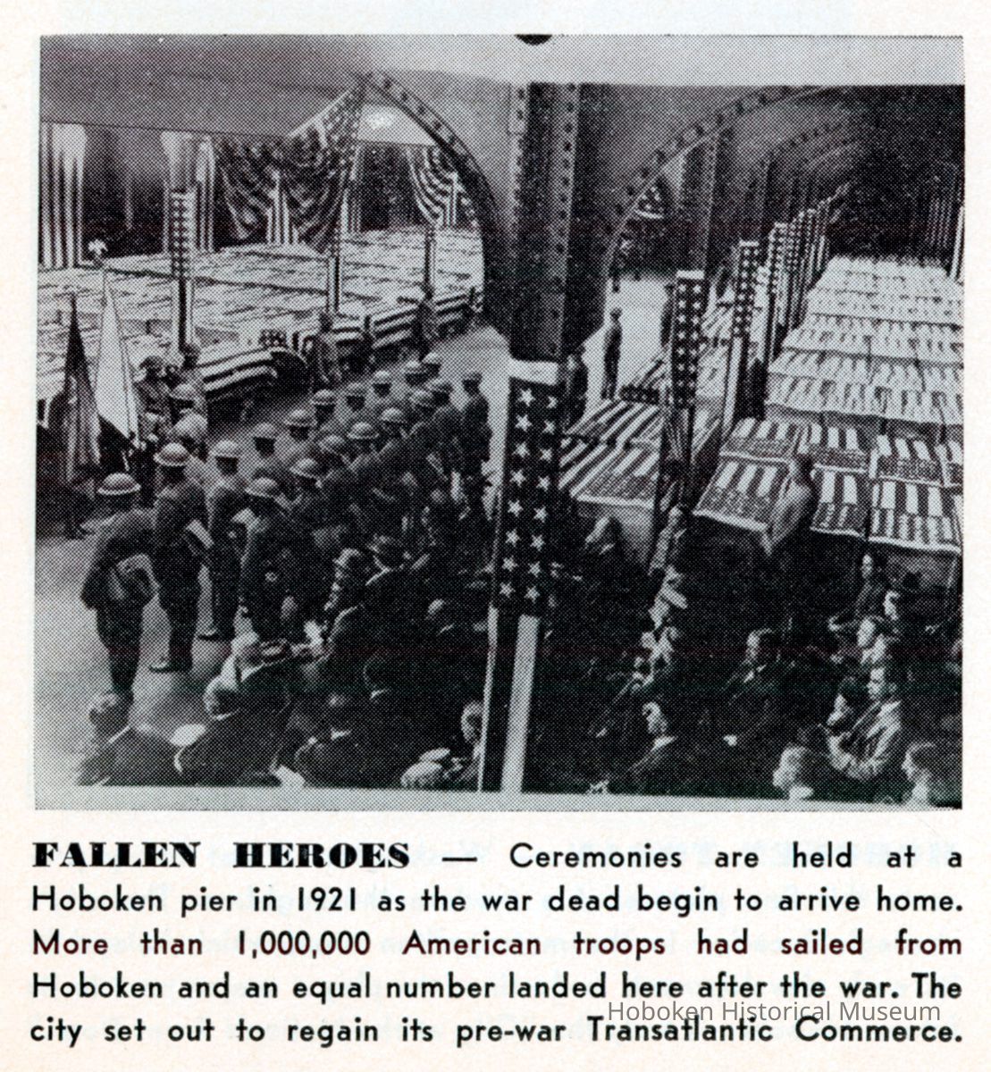 Reference image: Ceremonies held in a Hoboken pier for the war dead in flag-draped caskets, Hoboken, 1921. picture number 1