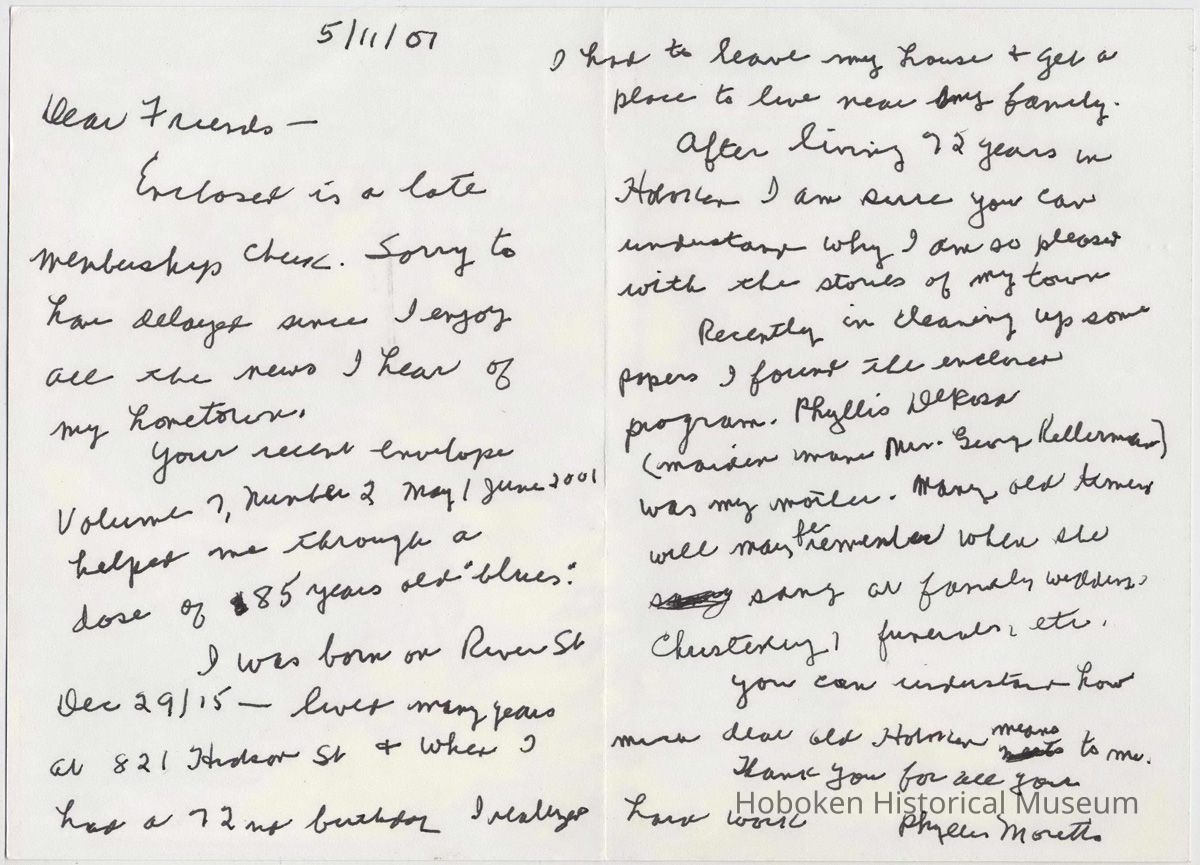 Notecard with accompanying donation, program, from Phyllis Moretto, May 1, 2001. picture number 1