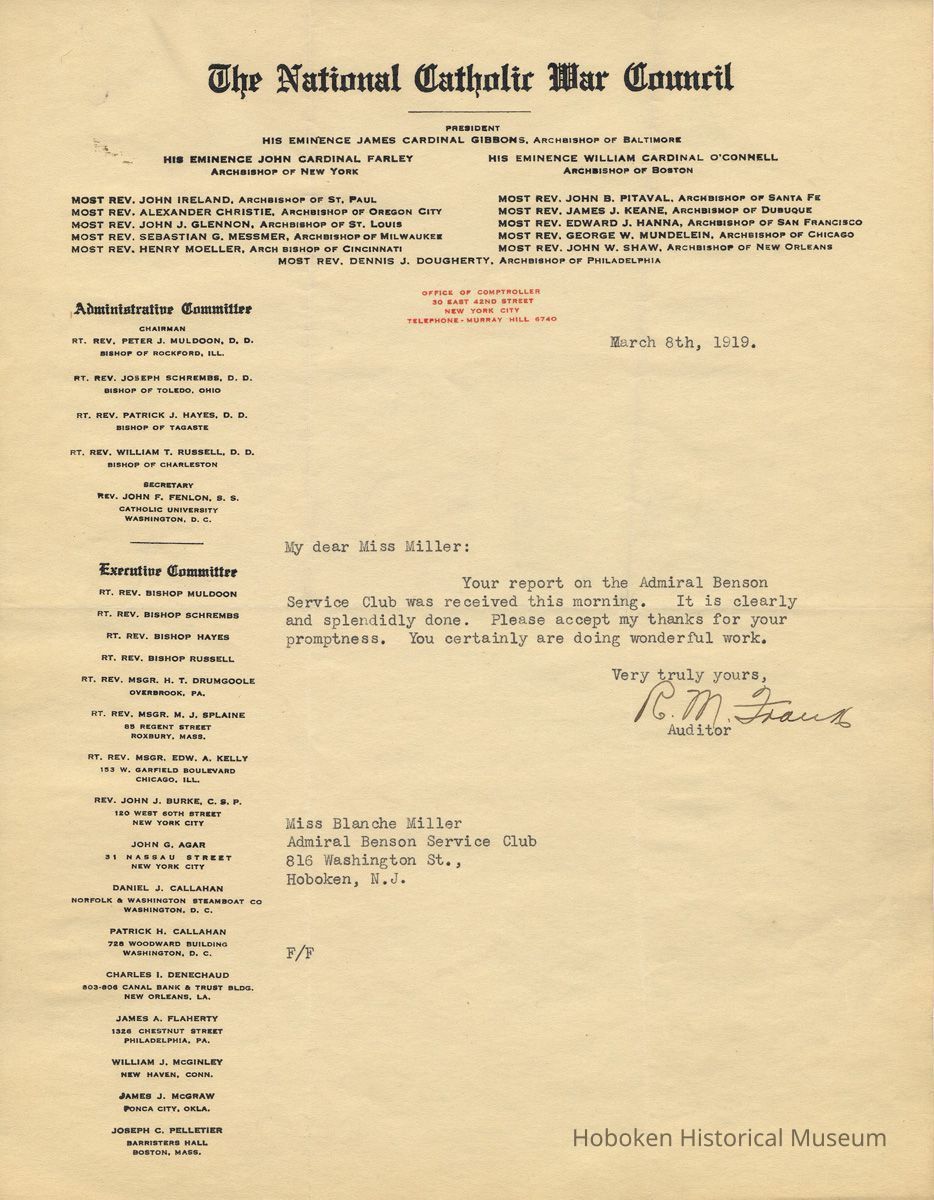 TLS to Blanche Miller (probably Florence Miller), Admiral Benson Club, Hoboken, March 6, 1919. picture number 1