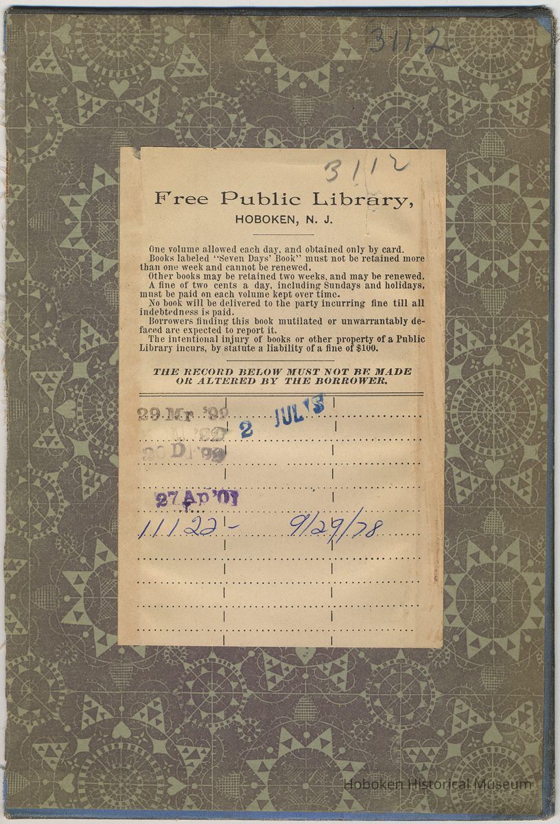Free Public Library, Hoboken, charge slip attached inside rear cover of book. picture number 1