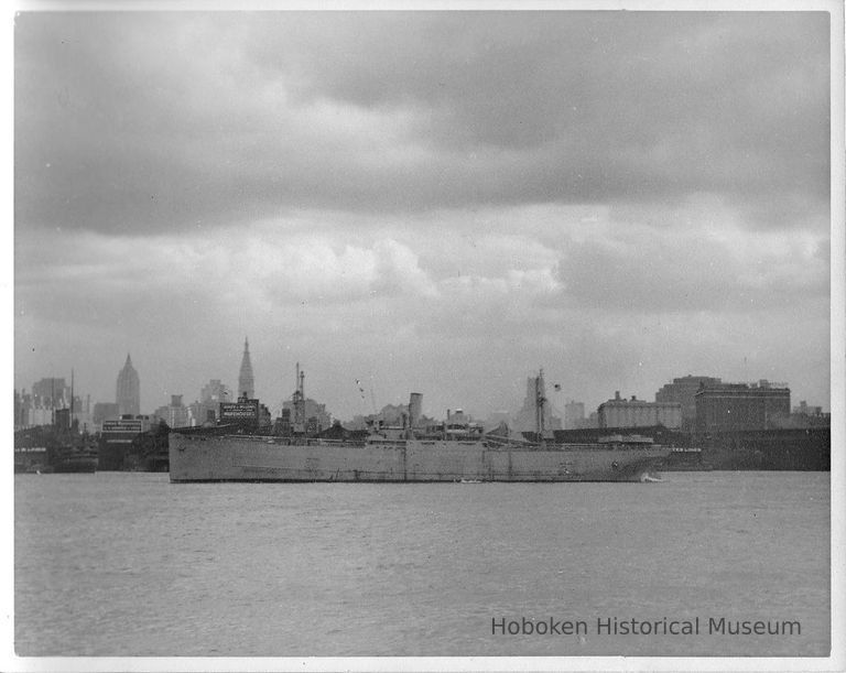 B+W photo of an unidentified freighter on the Hudson River, near Hoboken, no date, ca. 1940. picture number 1