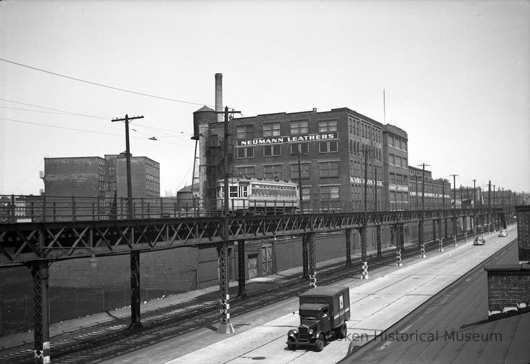 view of PSCT trestle Observer Highway west of Clinton St.; Neumann Leathers