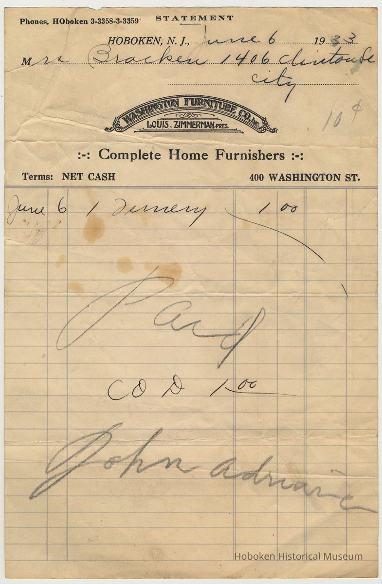 Receipt from Washington Furniture Company, Inc., 400 Washington St., Hoboken, to Mrs. Bracken, 1406 Clinton St., June 6, 1933. picture number 1
