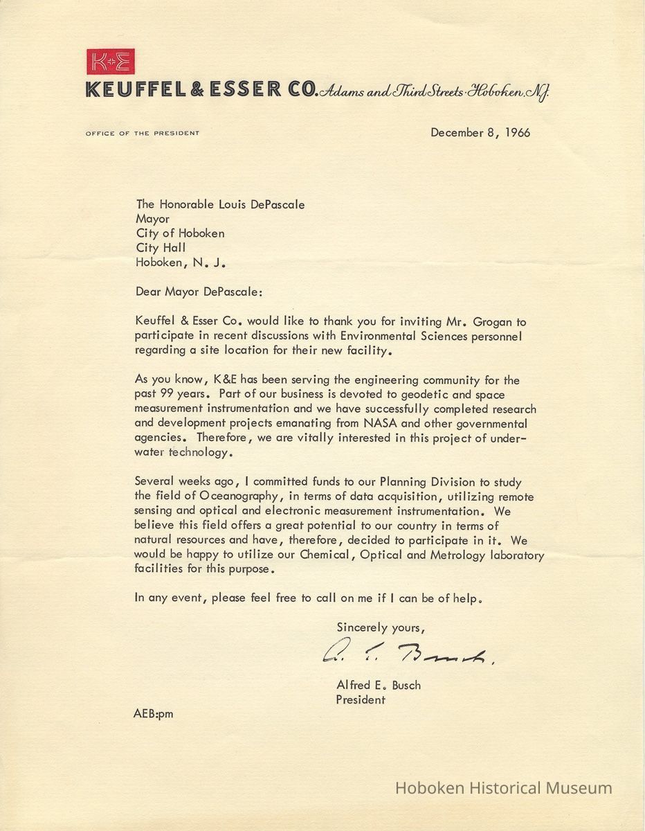 TLS to Mayor Louis DePascale, Hoboken, from Alfred Busch, Pres., K&E, Dec. 8, 1966 picture number 1