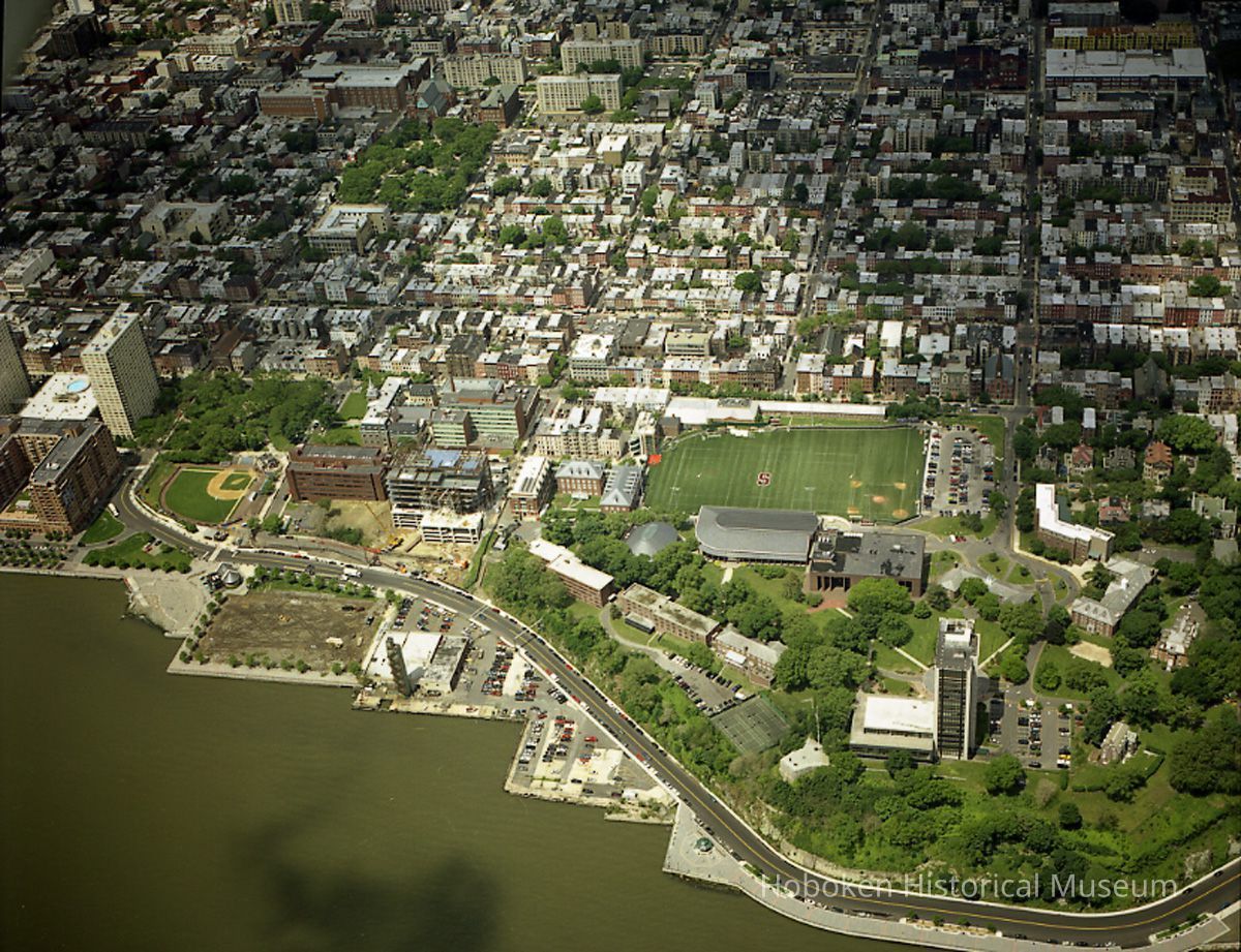 Digital reference image of color aerial view of Hoboken, June 6, 2003. Image number 8577. Photographer, Lee Ross, 