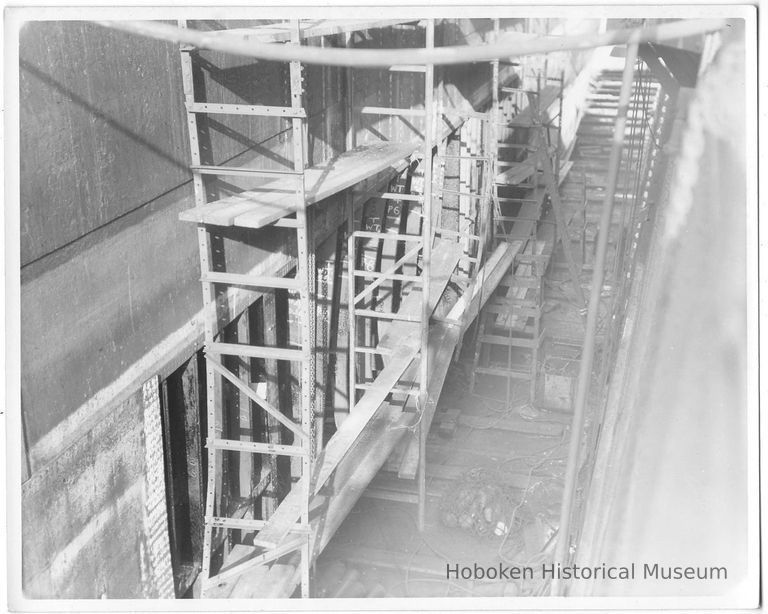 B+W photo of work scaffolding on an unknown ship, Hoboken, no date, ca. 1940. picture number 1