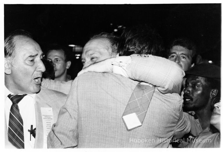 B+W photo of Tom Vezzetti with supporters on election night, Hoboken, [June 11, 1985]. picture number 1