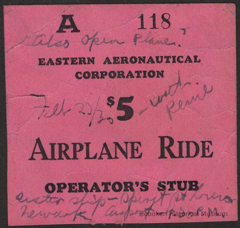 Digital image of ticket for a $5 Airplane Ride, February 23, 1930. Probably at Newark Airport, Newark N.J. picture number 1