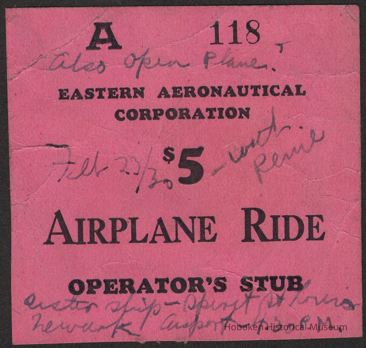 Digital image of ticket for a $5 Airplane Ride, February 23, 1930. Probably at Newark Airport, Newark N.J. picture number 1