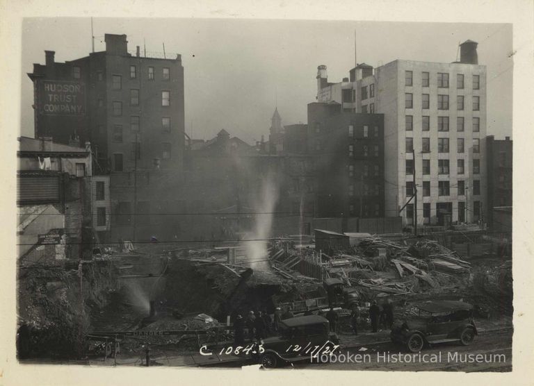 Black-and-white photo of foundation work on the site for the Fabian Theatre, southeast corner of Newark & Washington Sts., Hoboken, Dec. 17, 1927. picture number 1