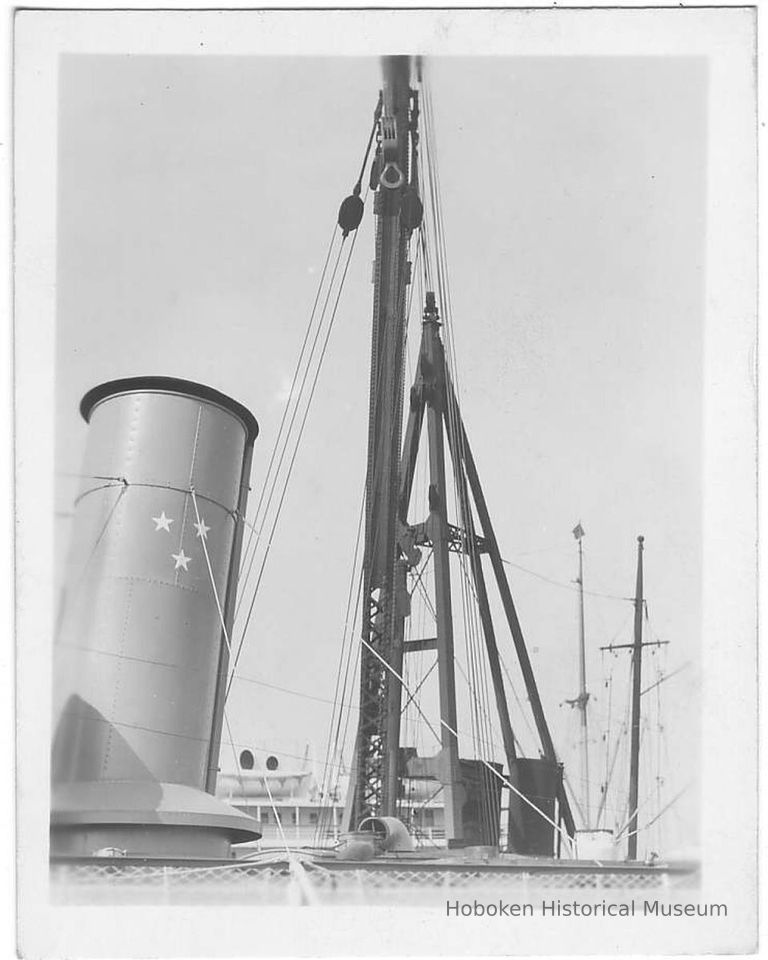 B+W photo of the temporary rigging near a funnel on an unknown ship, Hoboken, no date, ca. 1940. picture number 1