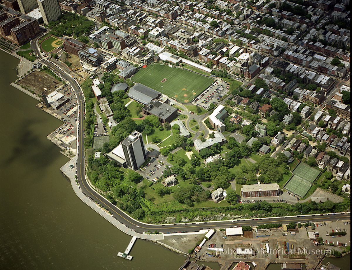 Digital reference image of color aerial view of Hoboken, June 6, 2003. Image number 8578. Photographer, Lee Ross, 
