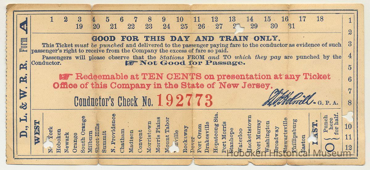 Ticket: D.L.& W. R.R. conductor's check for trip from Denville to N.Y., n.d. ca. 1890-1900. picture number 1