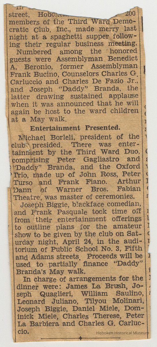 Newsclipping of Third Ward Democratic Club dinner with entertainment by Joe Biggie (Joseph Yaccarino) et al, Hoboken, circa 1937 picture number 1