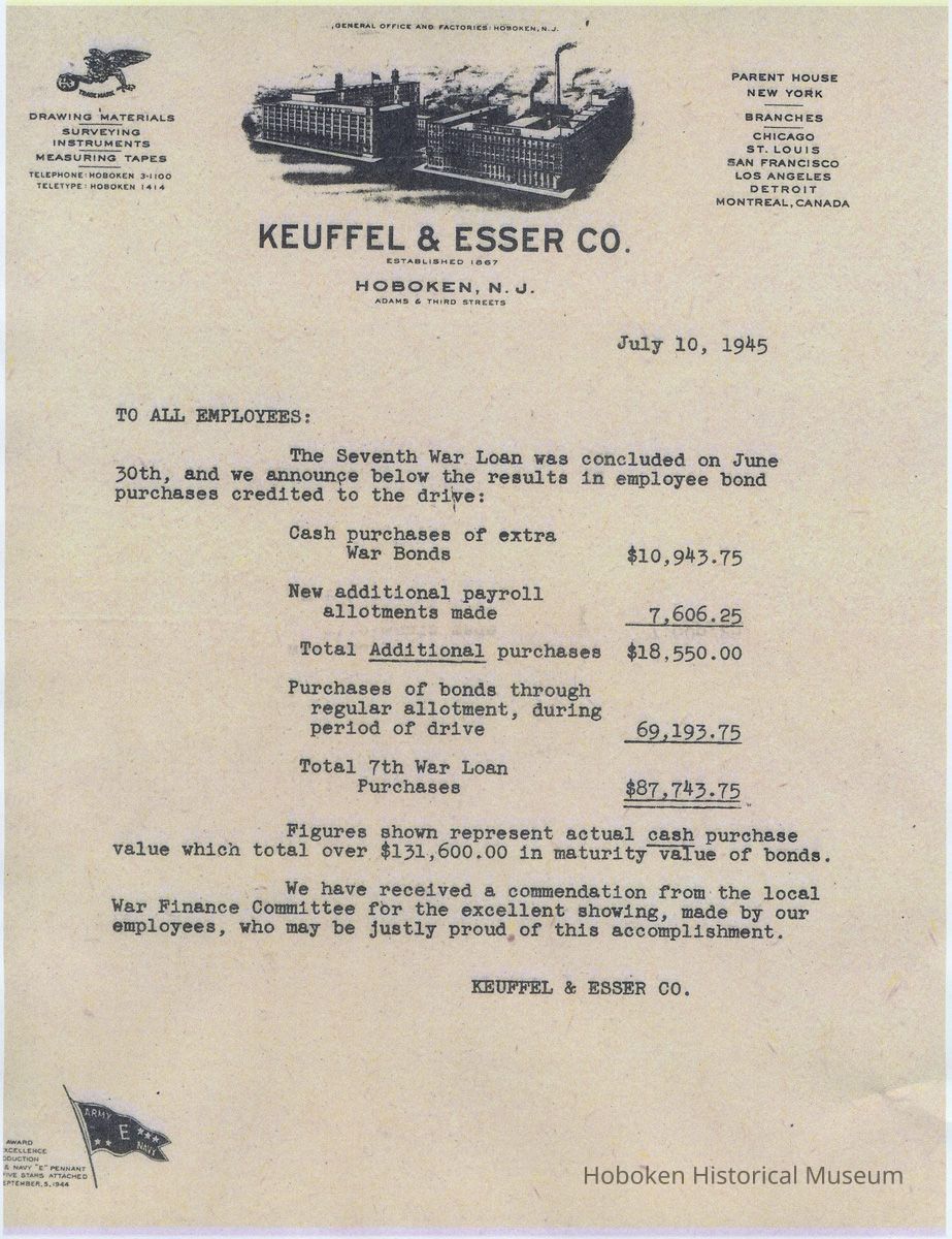Letter to K&E Hoboken employees re 7th War Loan results from K&E Co., Hoboken, July 10, 1945. picture number 1