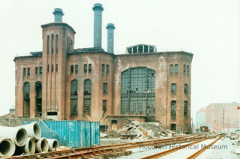 Digital image of color photo of the exterior of the former Hudson & Manhattan Rail Road powerhouse, Jersey City, Feb., 2000. picture number 1