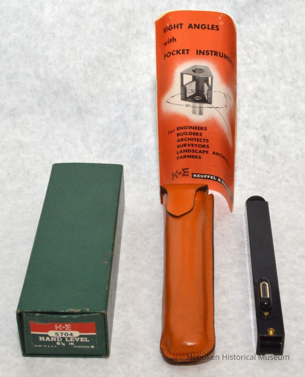 box, leather pouch, brochure, level