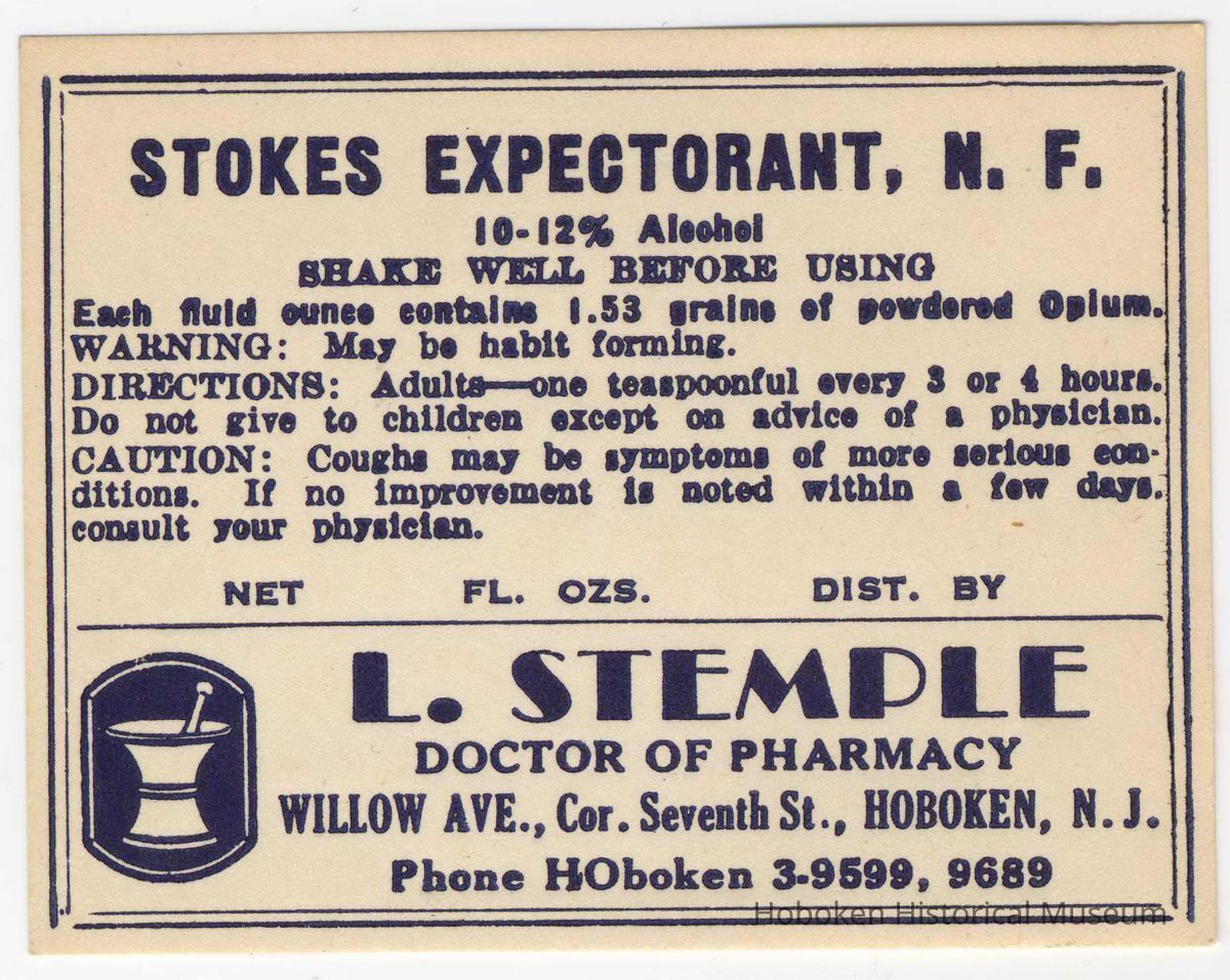 Printed label for medicine, Stokes Expectorant, N.F., from Stemple Pharmacy, 266 Seventh St., Hoboken, no date, ca. 1940. picture number 1