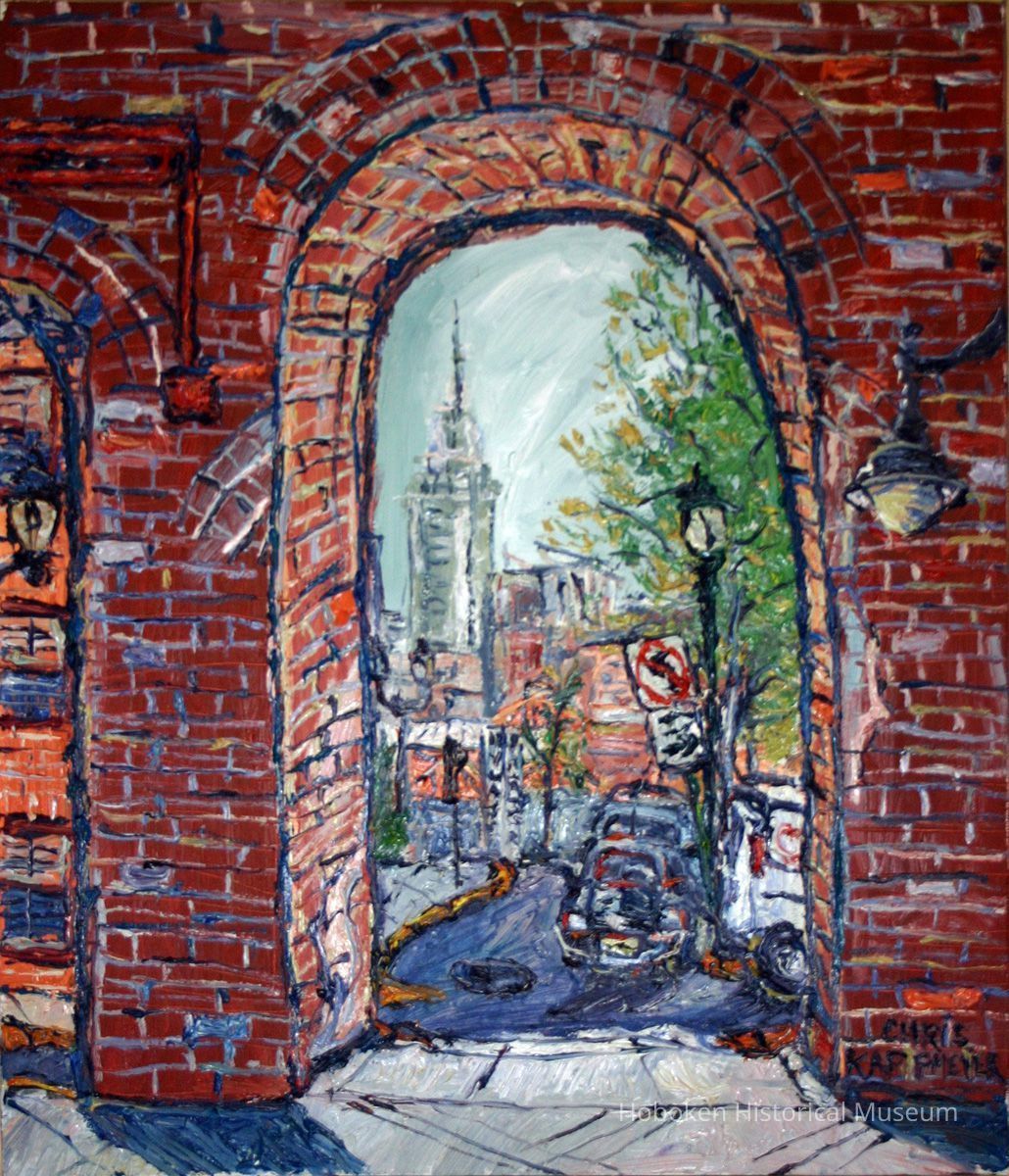 Painting: Rainy Day. View of N.Y.C. from Hoboken Museum, April 2006. Oil painting by Chris Kappmeier, 2006. picture number 1