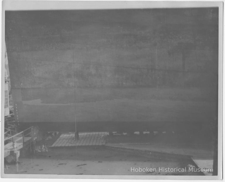 B+W photo of bow keel of unknown ship in dry dock, Hoboken, no date, ca. 1940. picture number 1