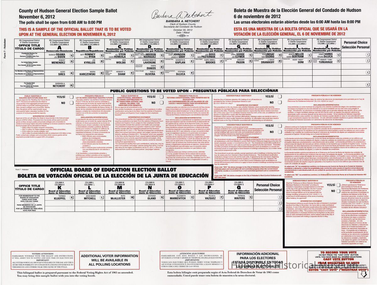 Hudson County, Hoboken General Election Sample Ballot, Nov. 6, 2012