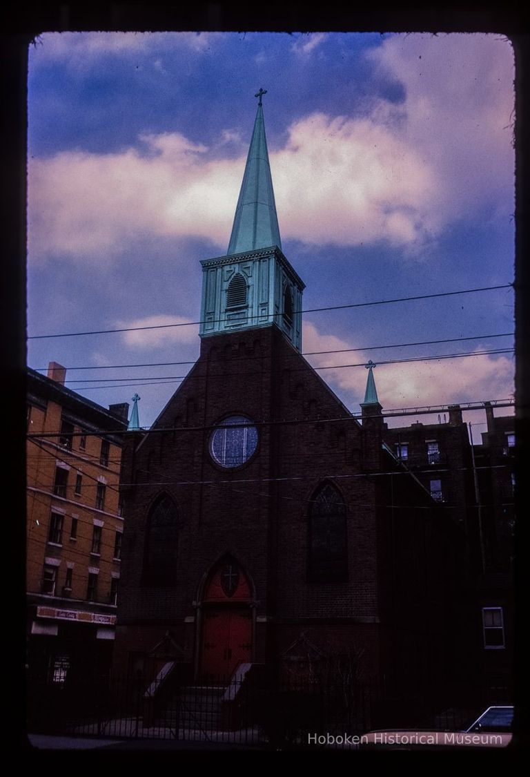 Color slide of eye-level view of Hoboken Evangelical Free Church façade and steeple at 833 Clinton on the corner of Clinton & 9th picture number 1