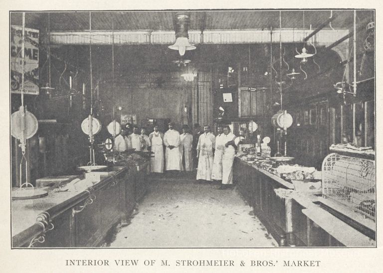 Printed B+W photograph of M. Strohmeier & Brothers, wholesale & retail meats, 119 Washington Street, Hoboken, no date, ca. 1906-1908. picture number 1