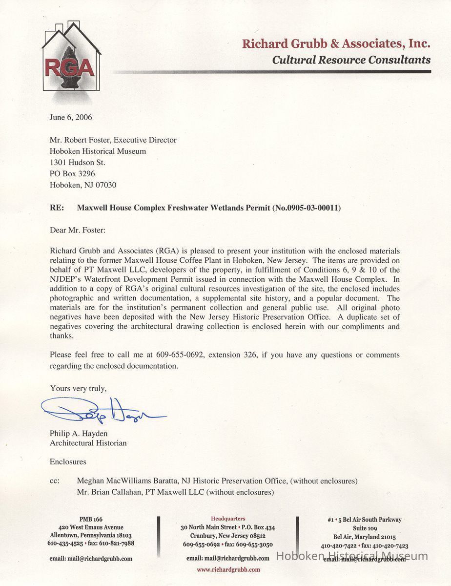 Letter of transmittal to Museum from Richard Grubb from Richard Grubb & Associates re Maxwell House documents, publications and photo images, Cranbury, N.J, June 6, 2006. picture number 1