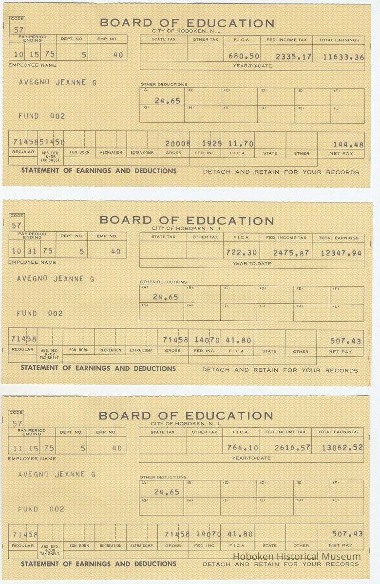 Earning statements (pay stubs), three, of Jeanne G. Avegno from the Hoboken Board of Education, 1975. picture number 1